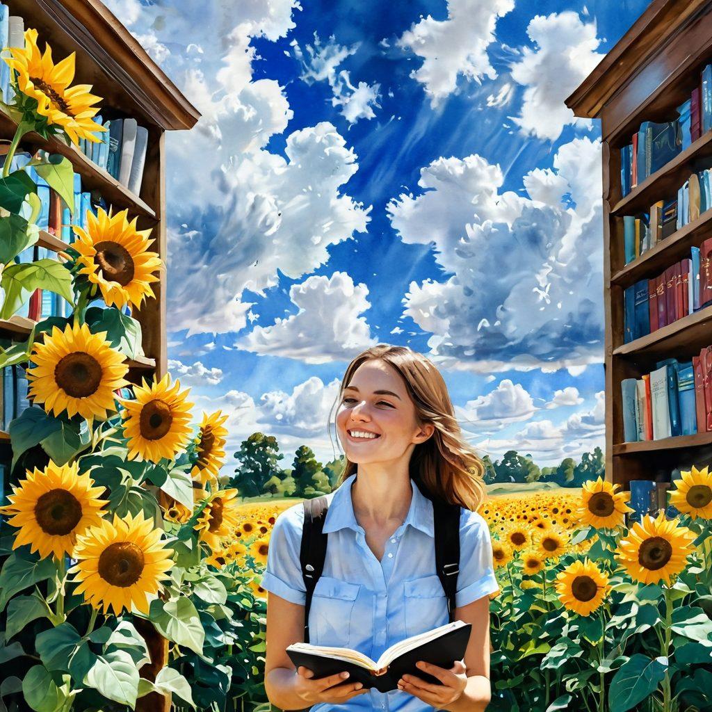 A serene landscape divided into two halves: one side filled with vibrant sunflowers and a clear blue sky representing joy, while the other side features a cozy library with books on happiness and science. An ethereal light cascades through the clouds, illuminating the scene. Include a smiling figure in the foreground, holding a journal and pen, capturing their happy thoughts. watercolor. bright colors. peaceful atmosphere.