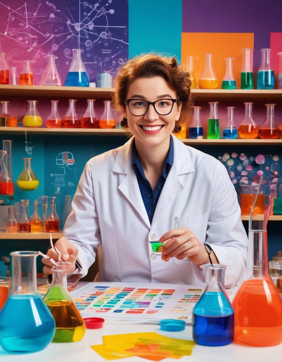 A vibrant scene depicting a scientist in a cheerful lab, surrounded by colorful charts and glowing beakers, transforming research data into playful everyday items like joyful household objects or delightful food. The background features whimsical illustrations of everyday moments infused with happiness, showcasing the impact of research on daily life. Bright, happy colors radiate positivity and innovation. super-realistic. vibrant colors.