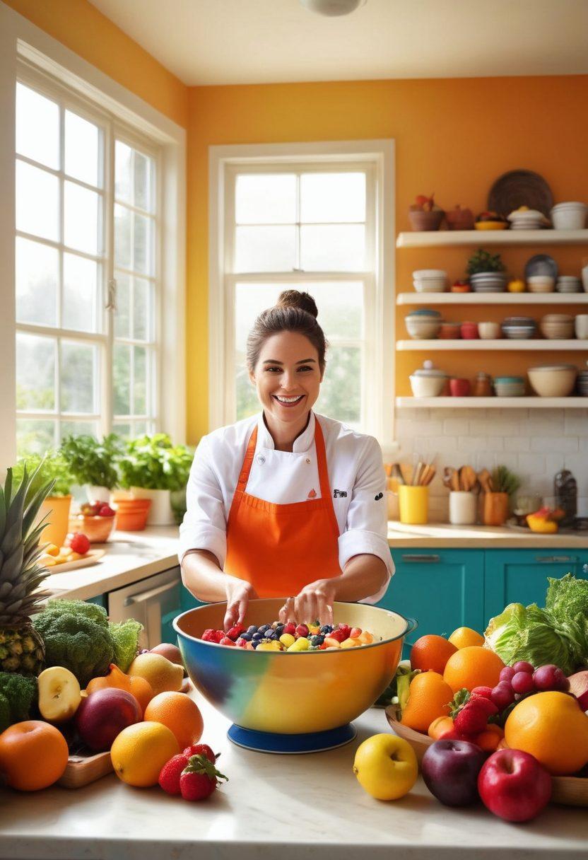 A whimsical kitchen scene where a cheerful chef is mixing colorful ingredients in a large bowl labeled 'Positive Thinking'. Surrounding the chef are vibrant fruits and vegetables symbolizing joy, hope, and energy, with rays of sunlight streaming in through a window. The background features a mental wellness recipe book opened to a page titled 'Happy Thoughts'. Illustrative style with bright, lively colors. painting. colorful.